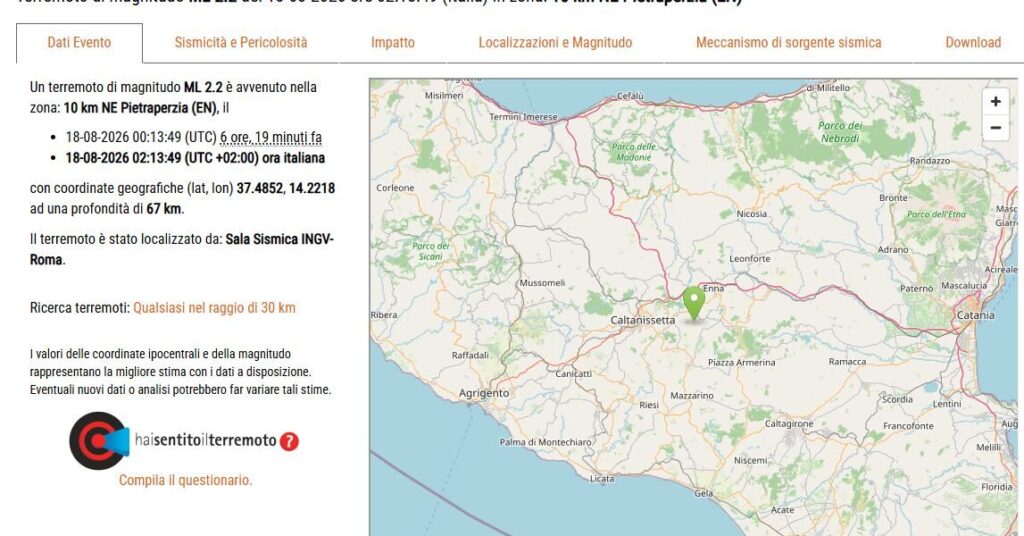 Terremoto nell’Ennese, lieve scossa nella notte vicino a Pietraperzia
