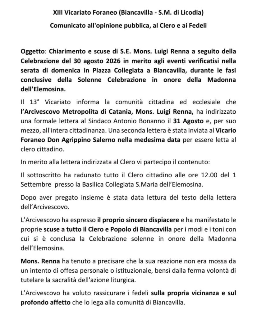 Biancavilla, Renna scrive al clero locale e chiude vicenda con sindaco Bonanno